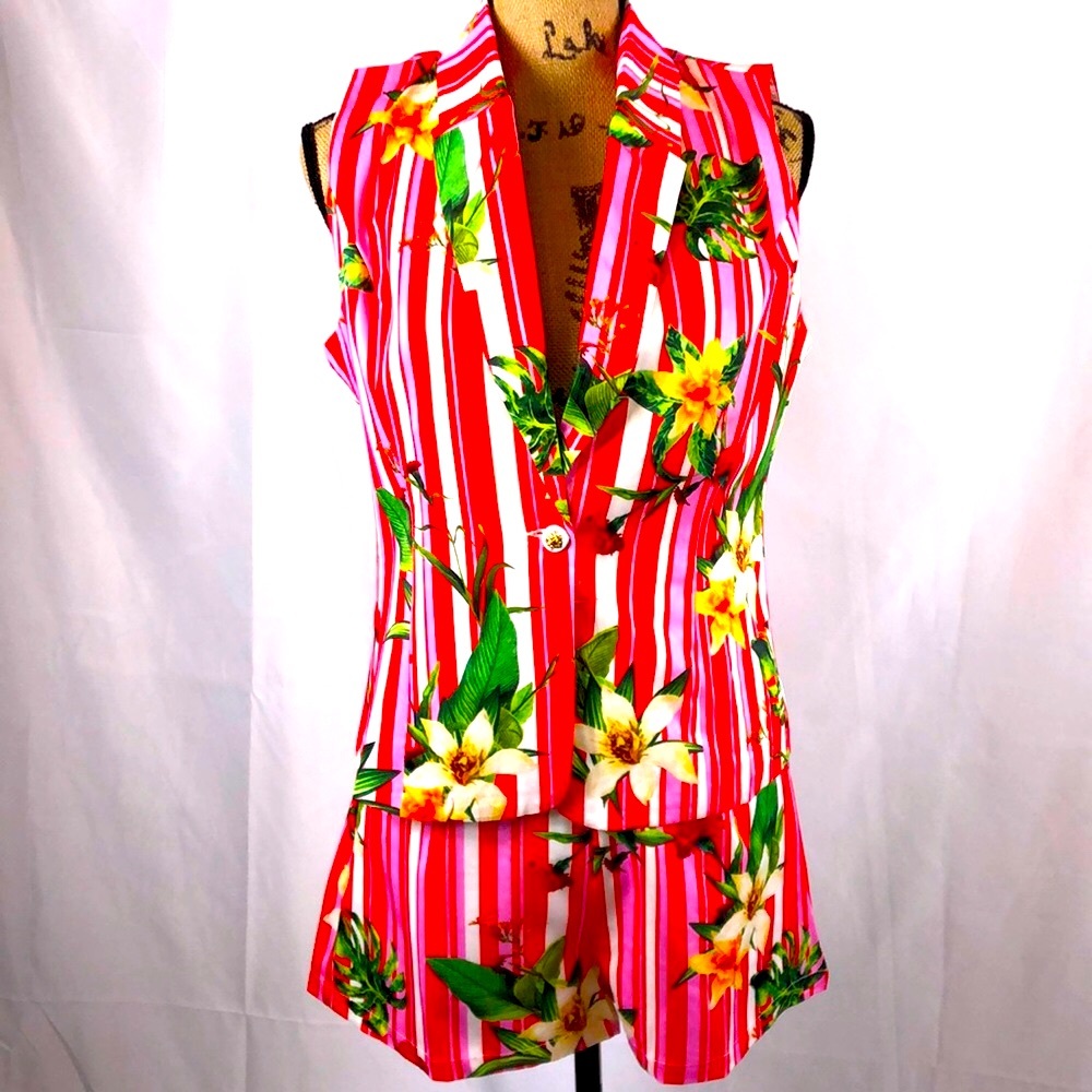 🎁Chicways vest & shirt set stripe/floral print M